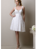 Thin Straps white Beaded Lace Cross Back Knee Length Prom Dress